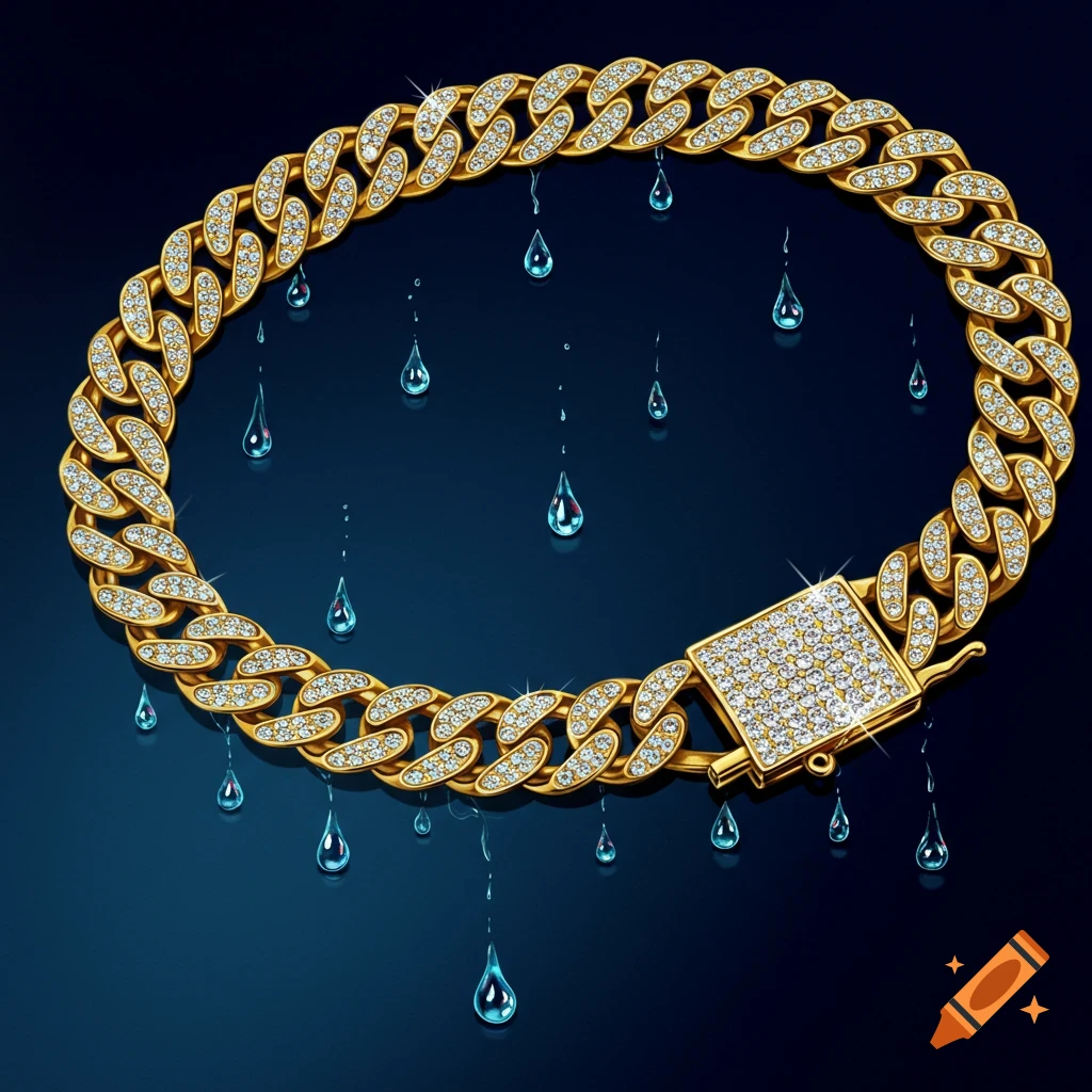 A gold diamond-encrusted Cuban link chain with blue water droplets suspended around it against a dark blue background.
