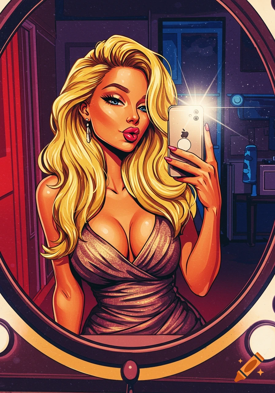 Stylized illustration of a blonde woman in a mirror taking a selfie, vibrant colors.