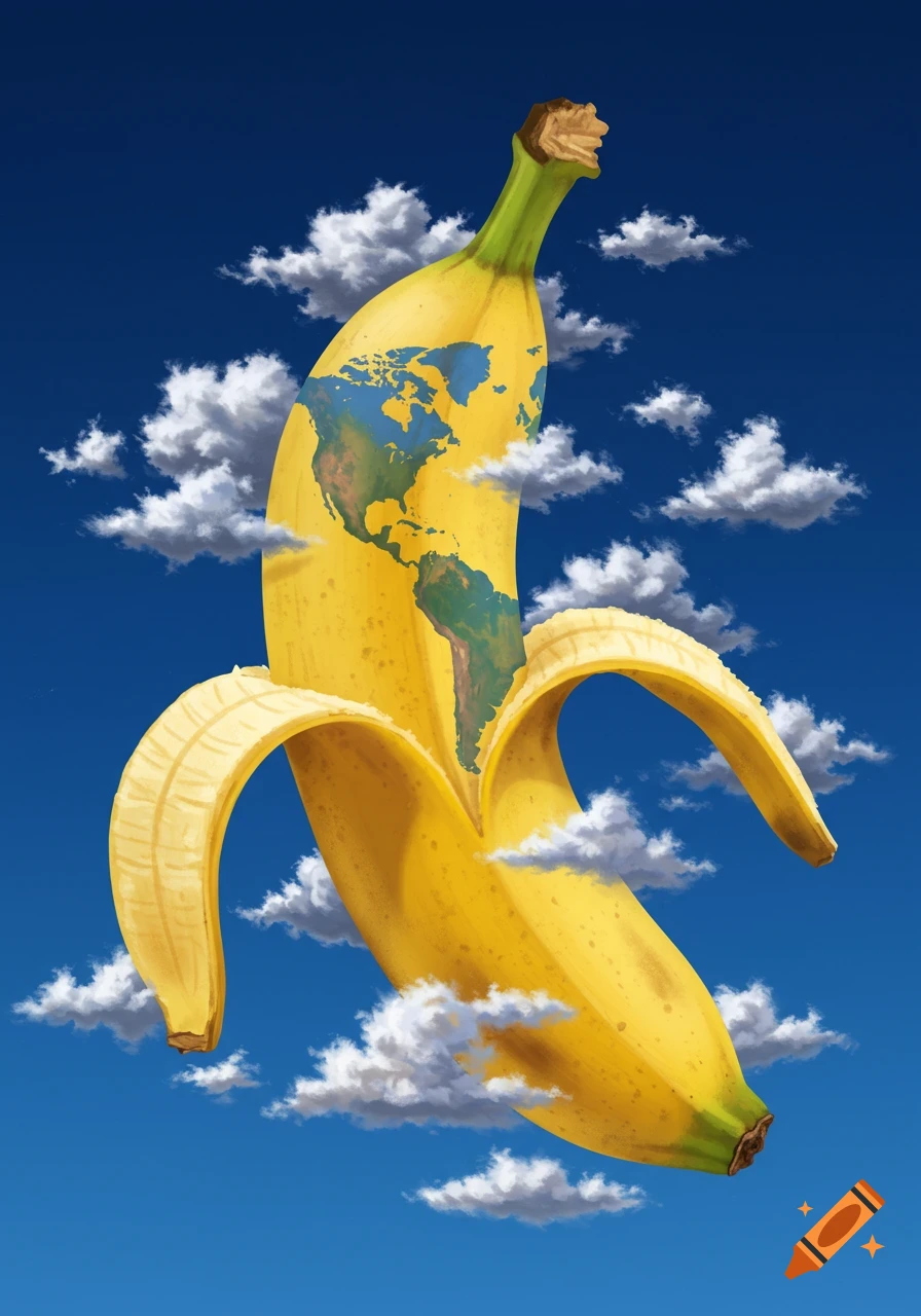 A partially peeled yellow banana with a world map printed on its fruit, floating amongst white clouds in a vibrant blue sky.