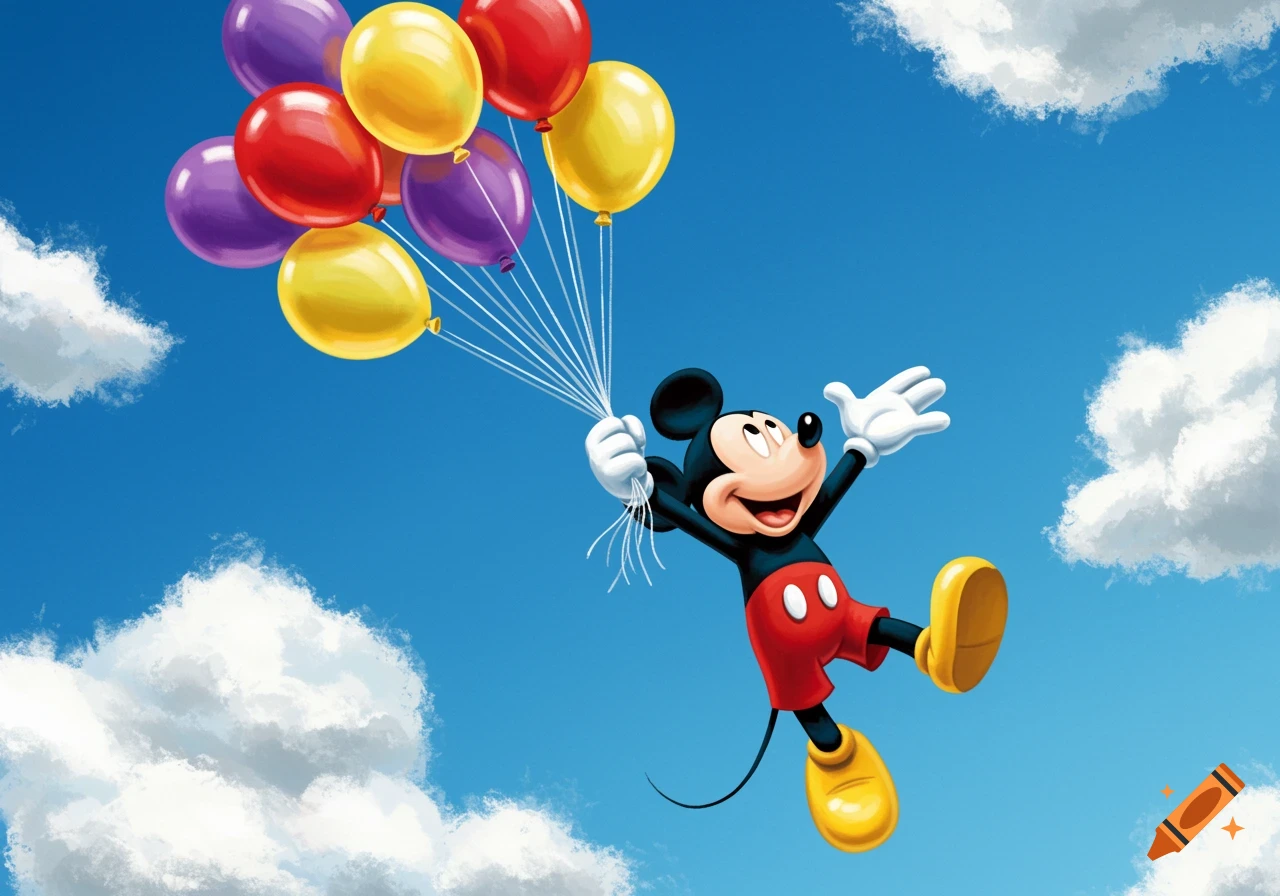Mickey Mouse floats happily in a blue sky, holding a bunch of colorful red, yellow, and purple balloons.