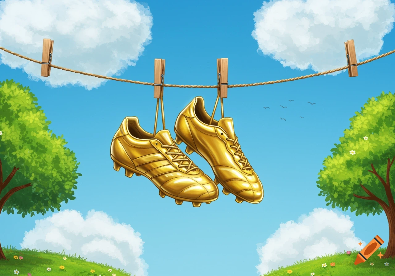 Children's book illustration of golden soccer cleats hanging from a clothesline under a bright blue sky with clouds and green grass.