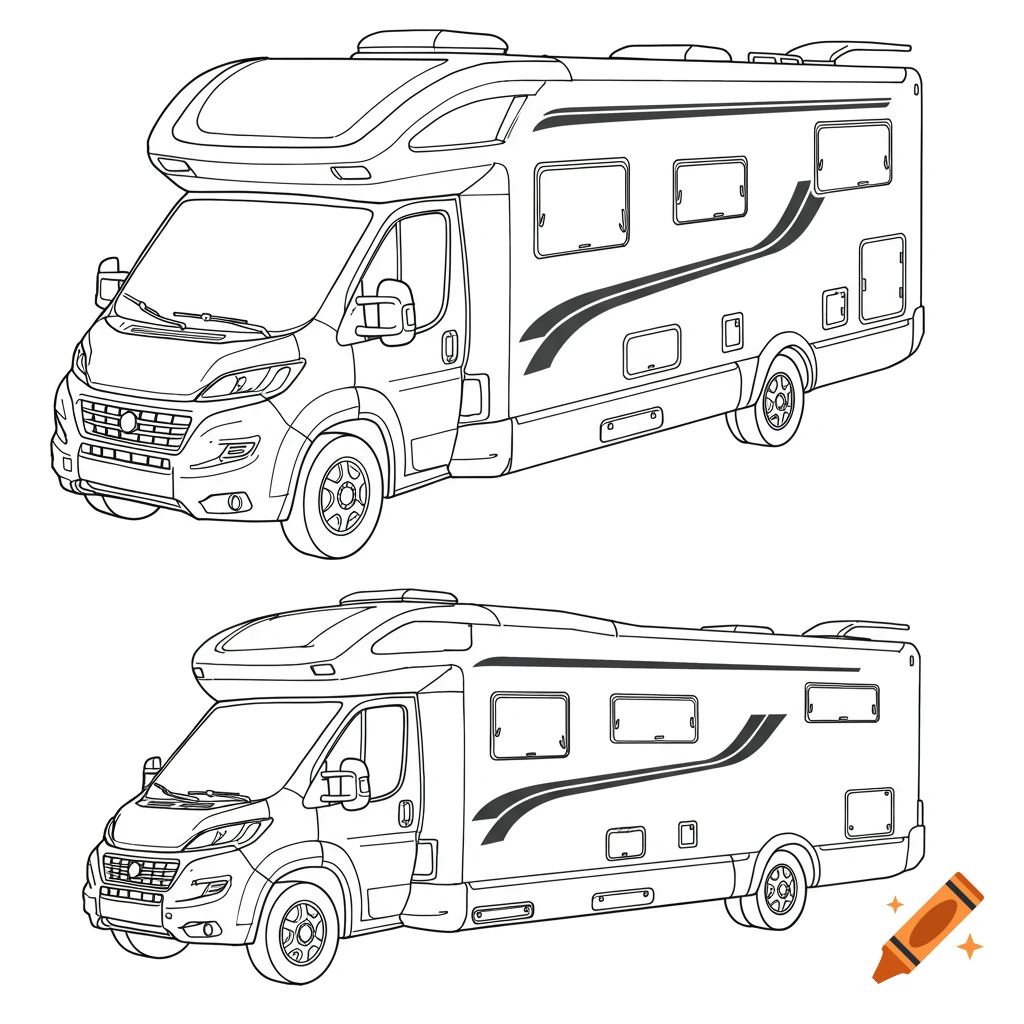 Two Detailed Line Outlines Of Modern Motorhomes On A White Background two-detailed-line-outlines-of-modern-motorhomes-on-a-white-background