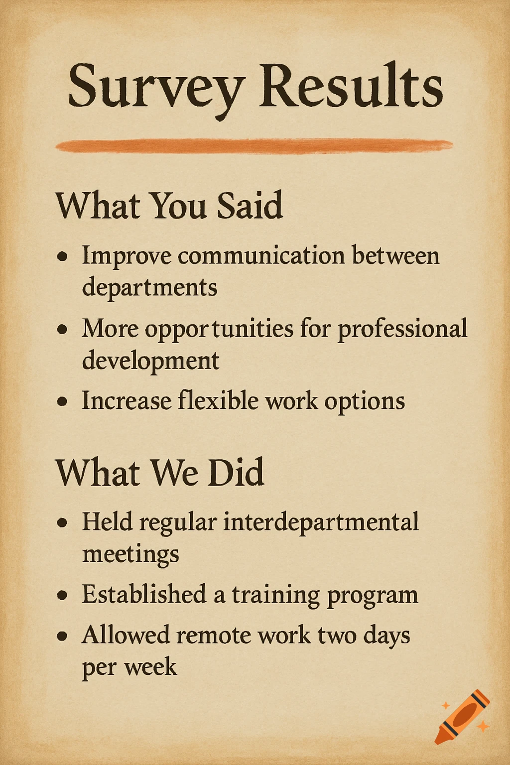 A document titled 'Survey Results' showing 'What You Said' (improved communication, professional development, flexible work) and 'What We Did' (meetings, training, remote work).