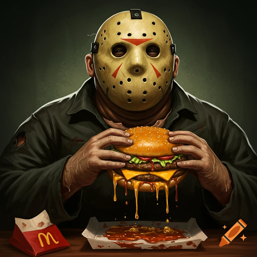 Cartoonish Jason Voorhees in a hockey mask holds a large, messy cheeseburger dripping with sauce, next to a McDonald's fry box.