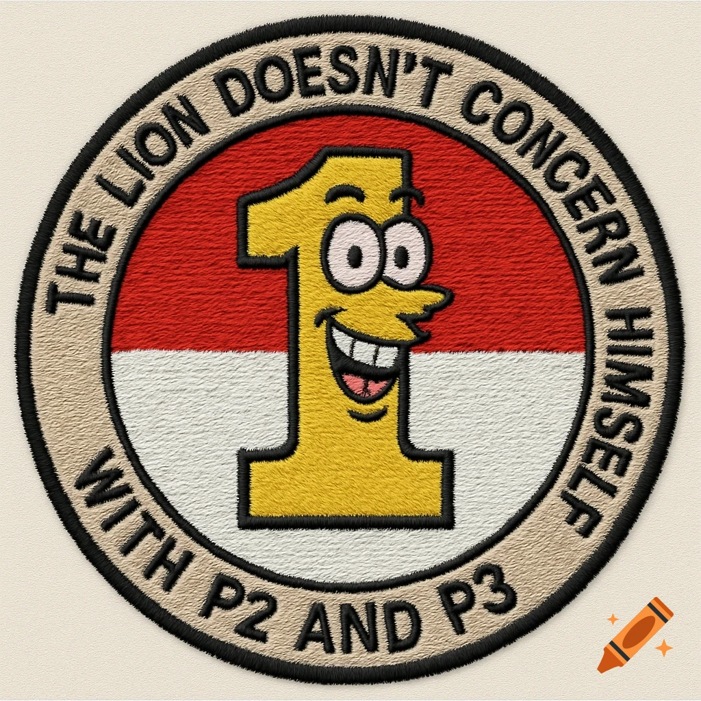 Embroidered patch with a cartoonish yellow number 1 character on an Indonesian flag background, surrounded by text.
