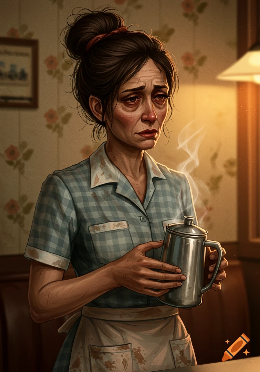 A haggard, sad diner waitress with dark hair in a bun holds a steaming coffee pot in a dimly lit diner.
