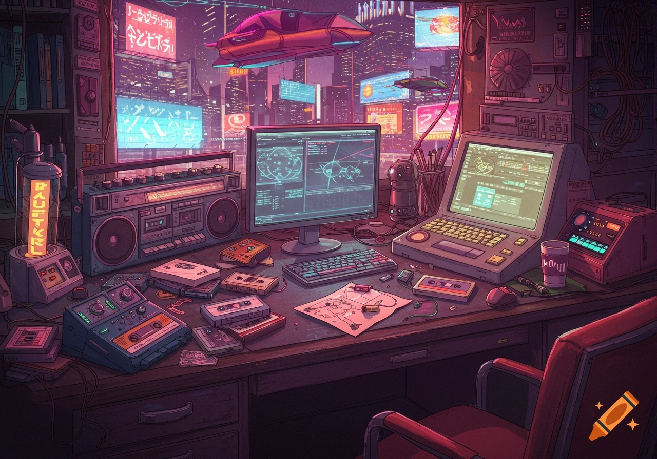 A vibrant retrofuturistic desk setup with a boombox, computers, cassette tapes, and glowing monitors, set against a neon-lit cyberpunk city skyline at night.