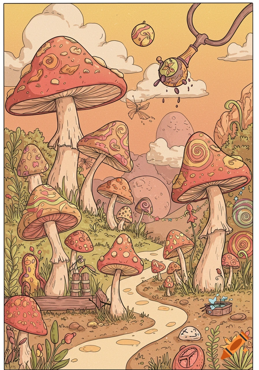 A whimsical, hand-drawn illustration of a vibrant mushroom forest with a winding path under an orange sky.