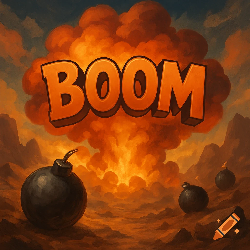 A stylized desert scene with a large orange explosion and the word "BOOM" above it. Three round bombs rest on the ground.