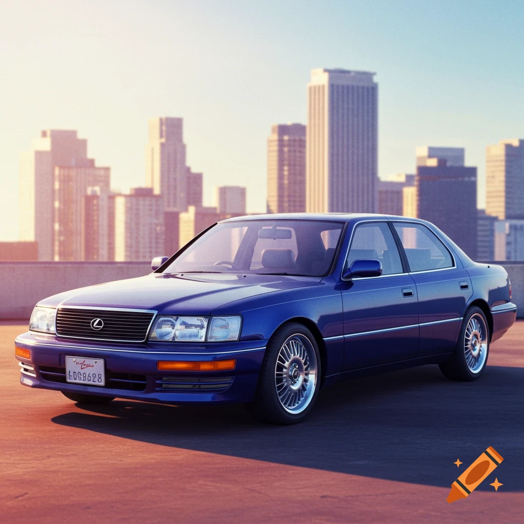 A blue Lexus LS 400 sedan parked on a rooftop against a city skyline at sunset, photorealistic style.