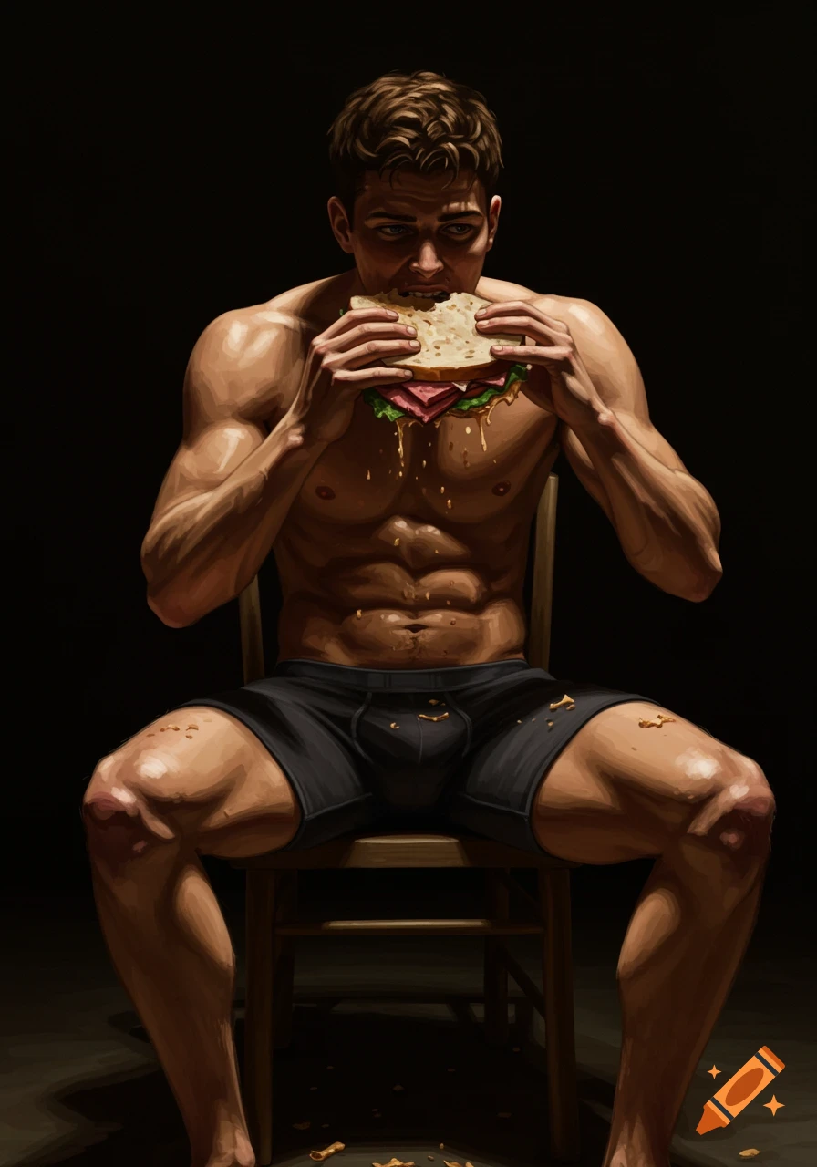 A muscular man in boxer briefs sits in the dark, intensely eating a sandwich with sauce dripping. Illustration style.