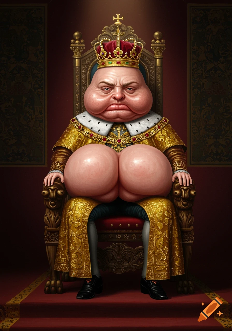 A grotesque king with a large buttocks as his torso sits on a regal golden throne.