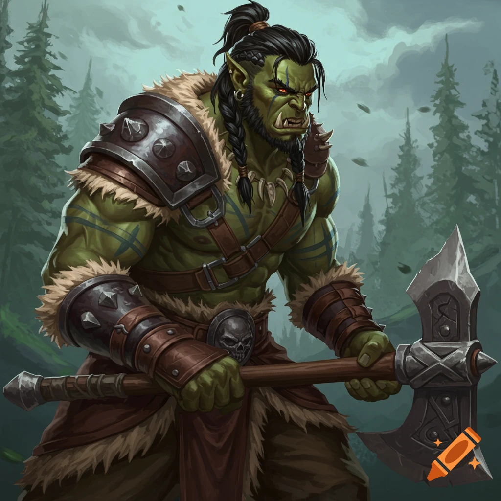 A muscular green-skinned half-orc barbarian with braided hair and a ...