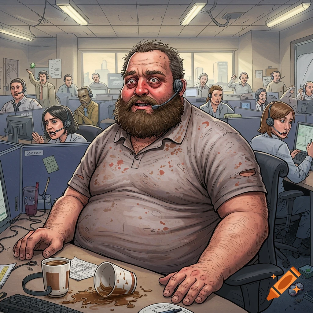 A distressed, overweight man with a beard and headset sits at a cluttered call center desk with spilled coffee. The office around him is chaotic with other employees reacting to the scene in a cartoon style.