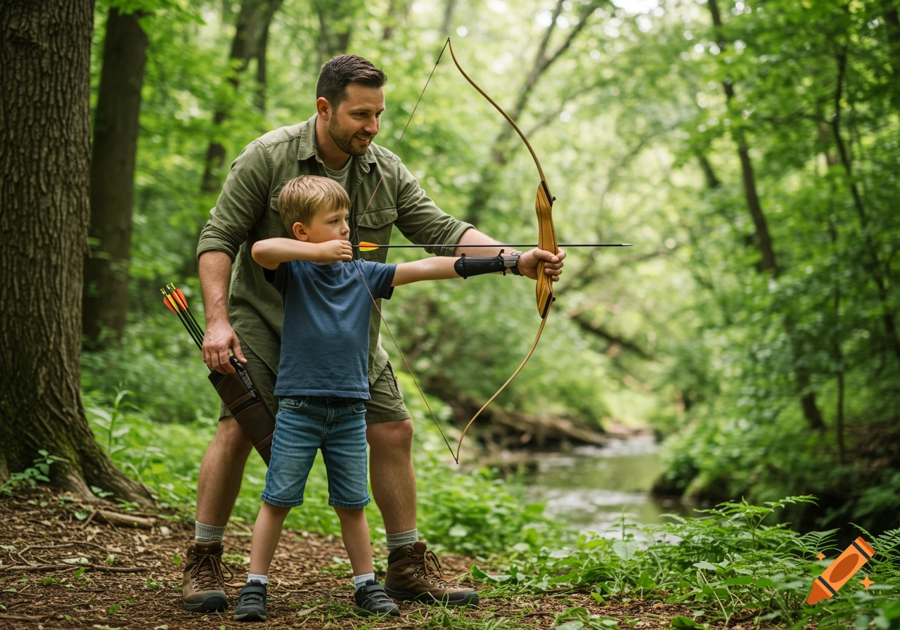 A father teaches his son to shoot a bow and arrow in a lush green forest by a stream.