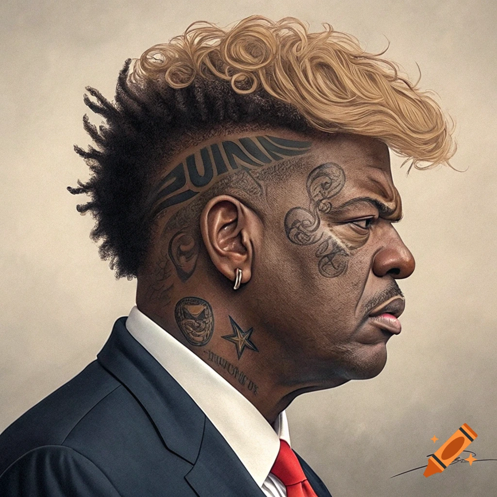 A stylized portrait of a man with blonde curly hair styled in a mohawk, wearing a suit and red tie, with numerous face and neck tattoos, looking to the right.