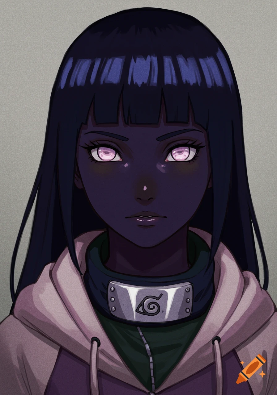 An anime portrait of Hinata from Naruto with dark skin and glowing purple eyes, wearing a hoodie and a ninja headband.