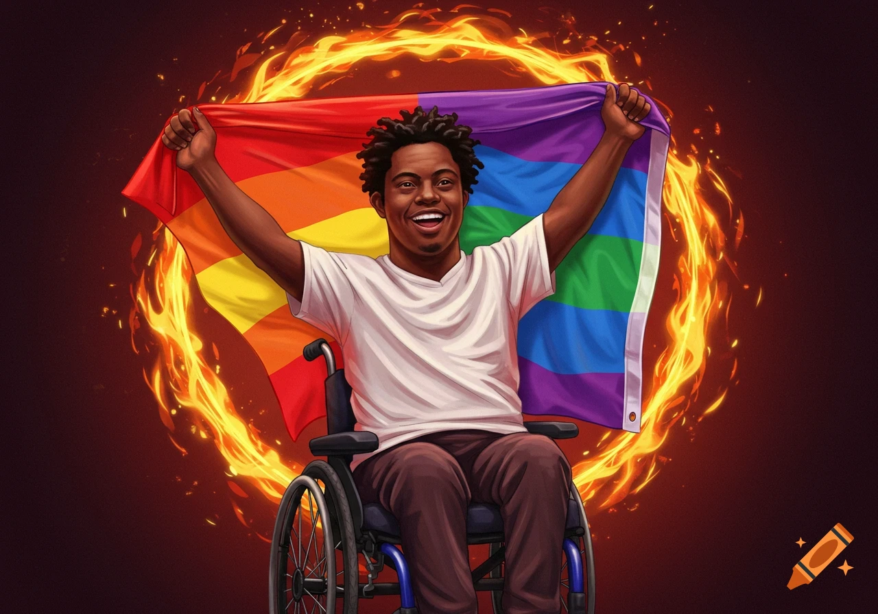 A joyful young Black man with dreadlocks sits in a wheelchair, holding a vibrant rainbow pride flag overhead, surrounded by a ring of fire.