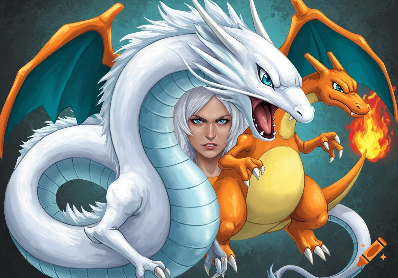 An illustration of a white dragon roaring with a woman's face peeking from its coils, and Charizard breathing fire behind them.