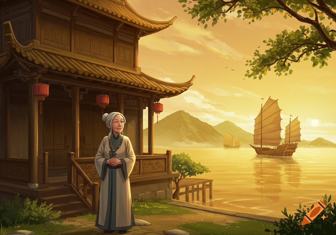 Elderly woman by traditional Chinese building at golden hour, overlooking a calm sea with junk ships.