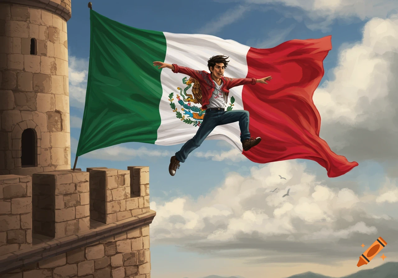A digital painting shows a young man leaping joyfully in front of a large Mexican flag, with a stone castle wall in the foreground.