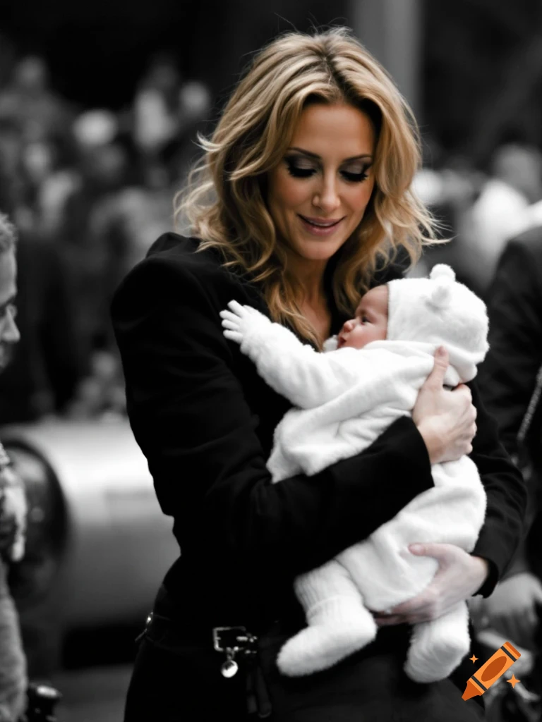 Photorealistic image of Celine Dion holding a baby, looking down lovingly, with a blurred background.
