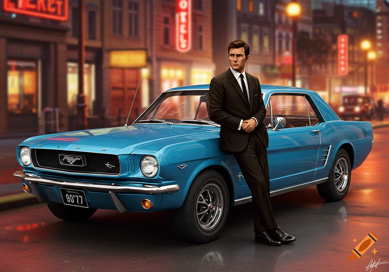 A man in a dark suit leans casually against a teal 1966 Ford Mustang on a city street at dusk.