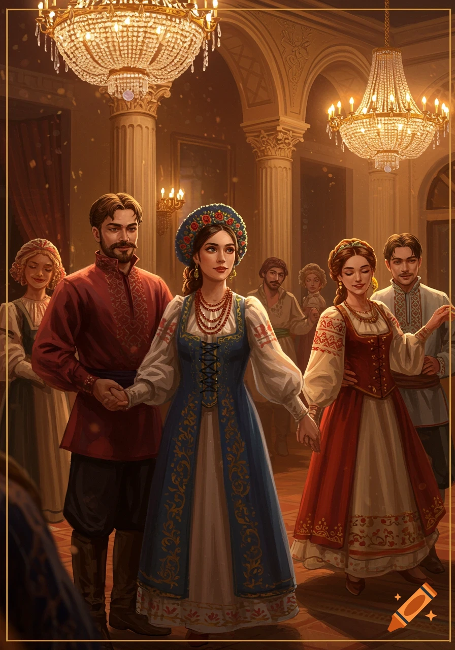 People in traditional Eastern European attire dancing in a grand ballroom with ornate chandeliers.