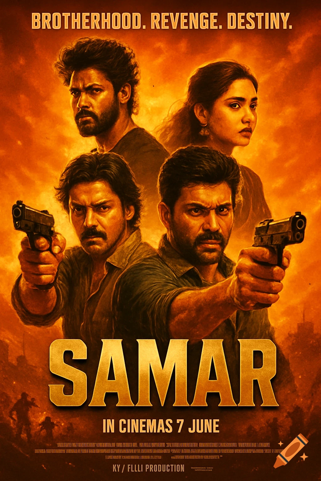 A dramatic Bollywood-style movie poster with four characters against a fiery orange background. Two men in the foreground aim pistols, while a third man and a woman are behind them. The title "SAMAR" is in bold, metallic lettering, with "IN CINEMAS 7 JUNE" below.