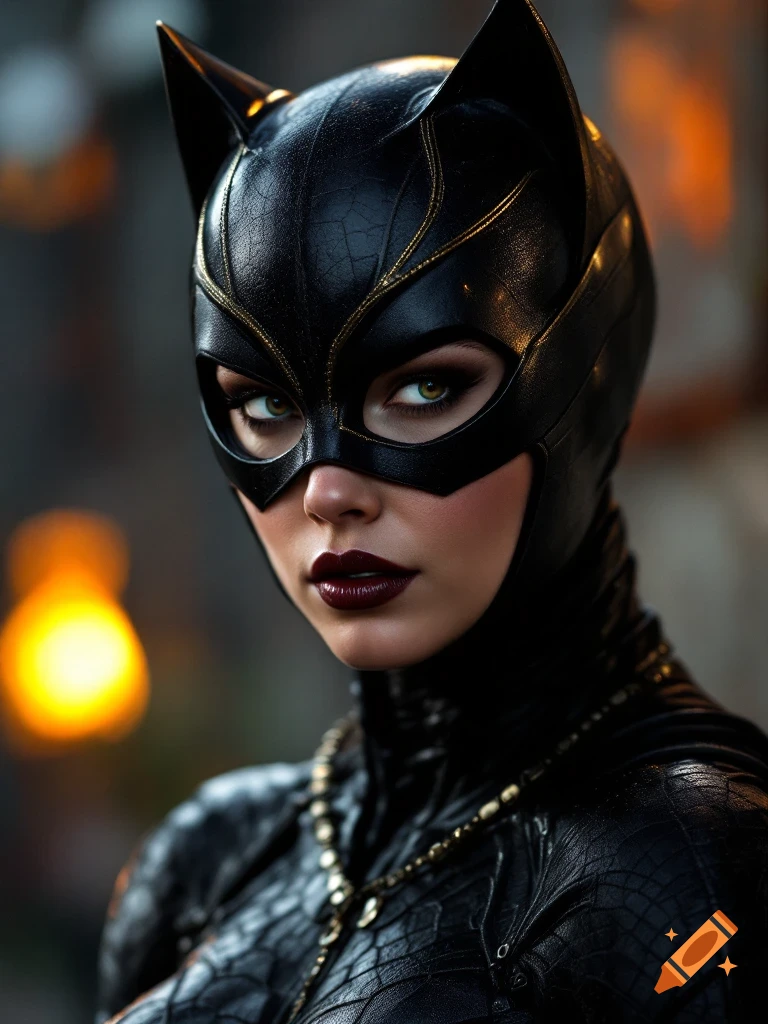 Close-up photorealistic portrait of a woman dressed as Catwoman in a black leather suit with cat ears, gold trim, and dark red lipstick.