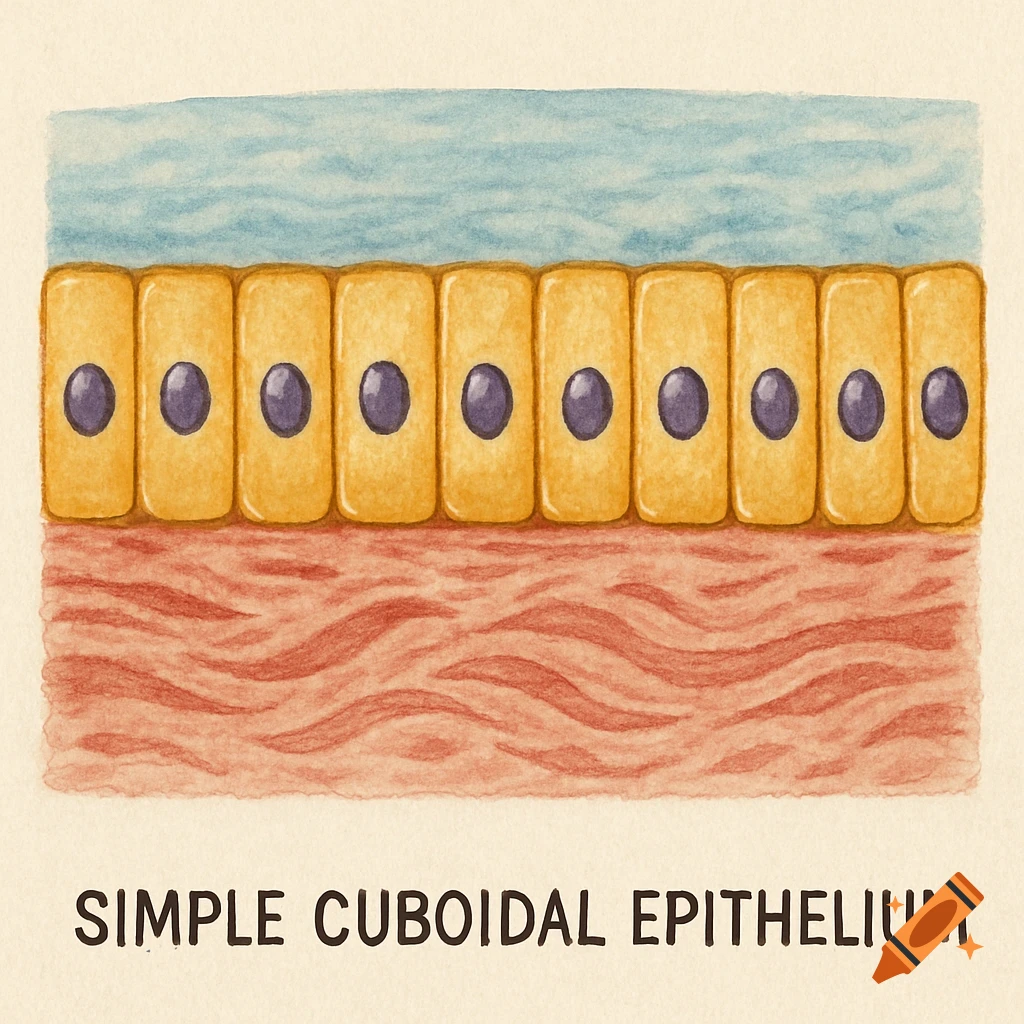 A watercolor illustration of simple cuboidal epithelium, showing a layer of cuboid-shaped cells with nuclei, above a connective tissue layer and below a lumen, labeled.