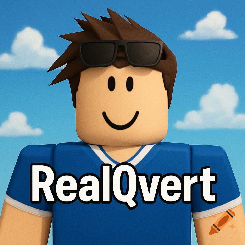 A Roblox character wearing sunglasses and a blue shirt, with the name 'RealQvert' written on it, against a blue sky with clouds.
