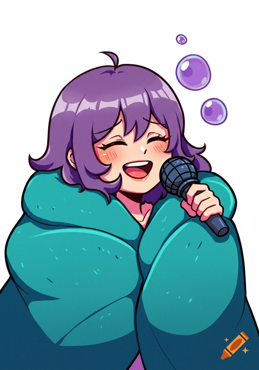 A stylized anime illustration of Sunday from Friday Night Funkin' singing passionately into a microphone, wrapped in a teal blanket, with purple bubbles floating nearby.