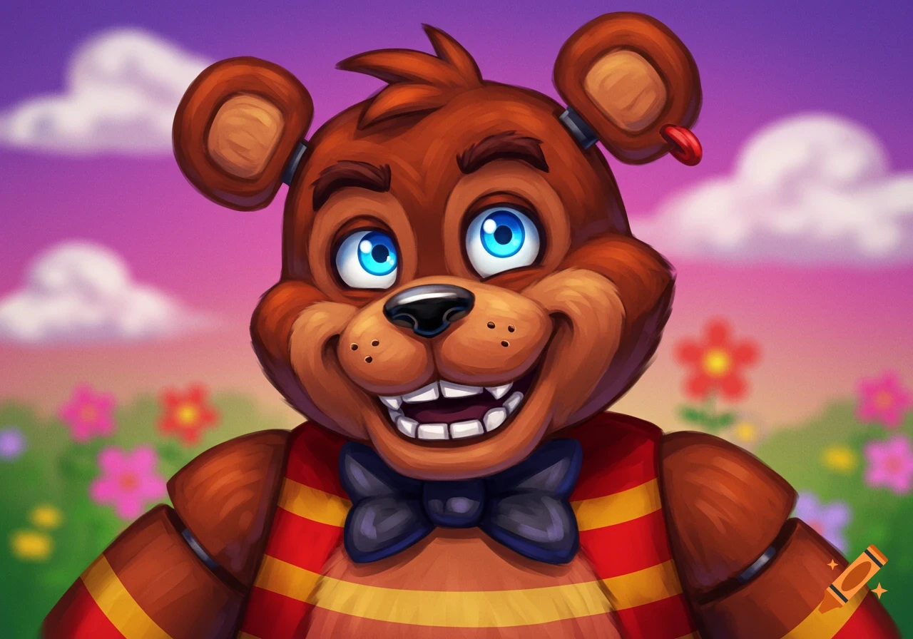 A smiling cartoon brown bear with large blue eyes, wearing a red and yellow striped shirt with a black bow tie, set against a vibrant purple and pink sky with green ground and blurry flowers.