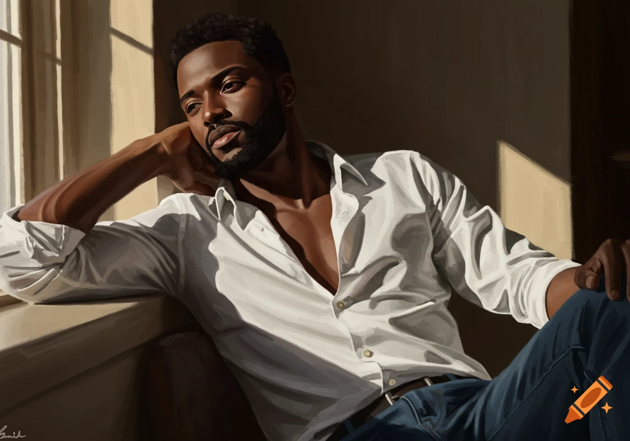 A contemplative Black man in a white shirt and jeans sits by a sunlit window in a digital painting.