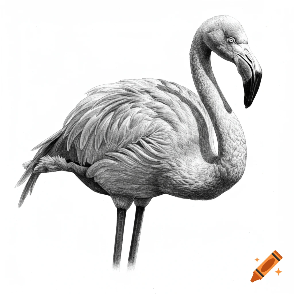 A detailed monochrome pencil sketch of a flamingo standing on a white background.