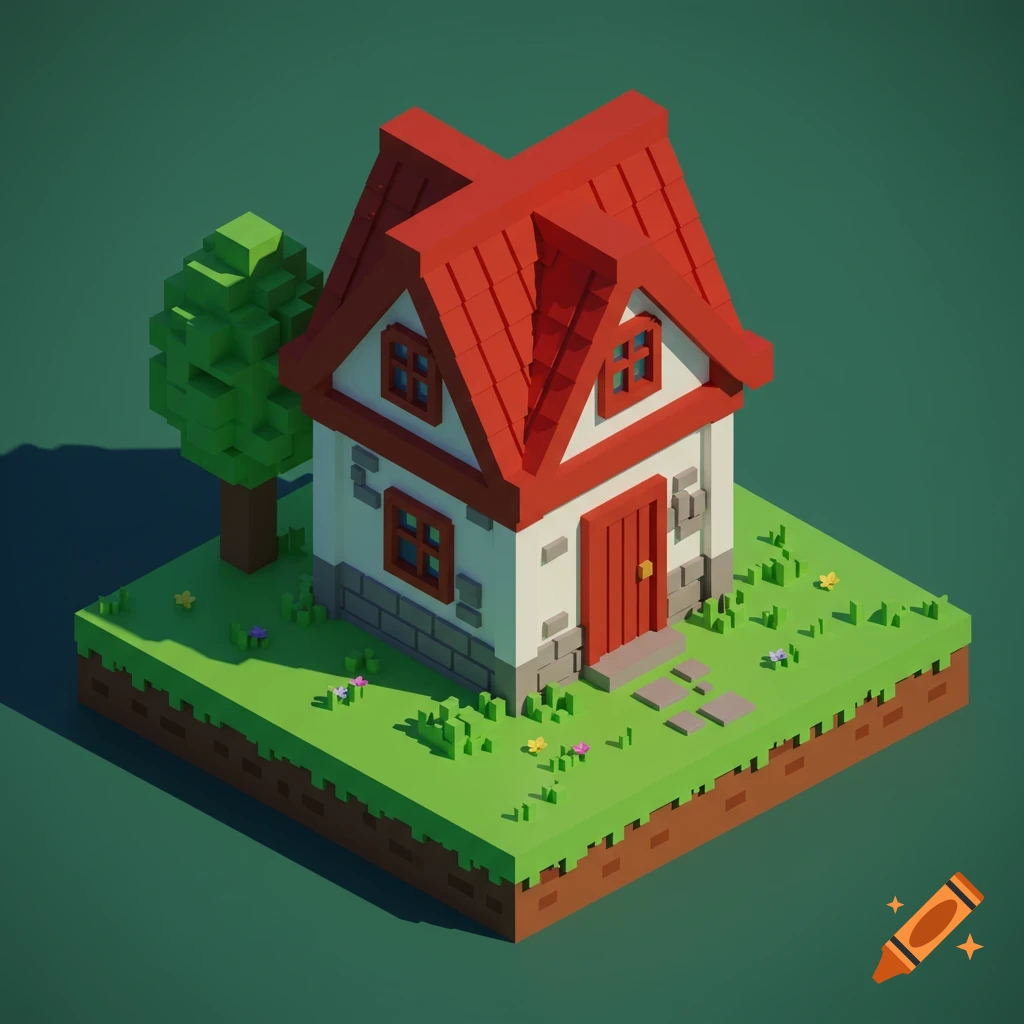 Isometric pixel art house with a red roof and a green tree on a grass block.