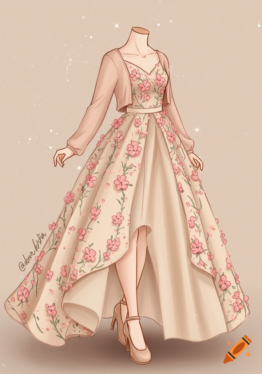 An illustration of a beige quinceanera dress with pink floral designs and a matching open-front cardigan.