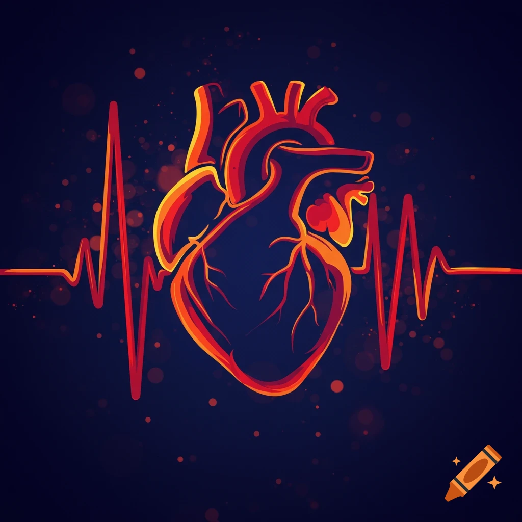 Stylized illustration of a glowing human heart with a red heartbeat line across a dark background.