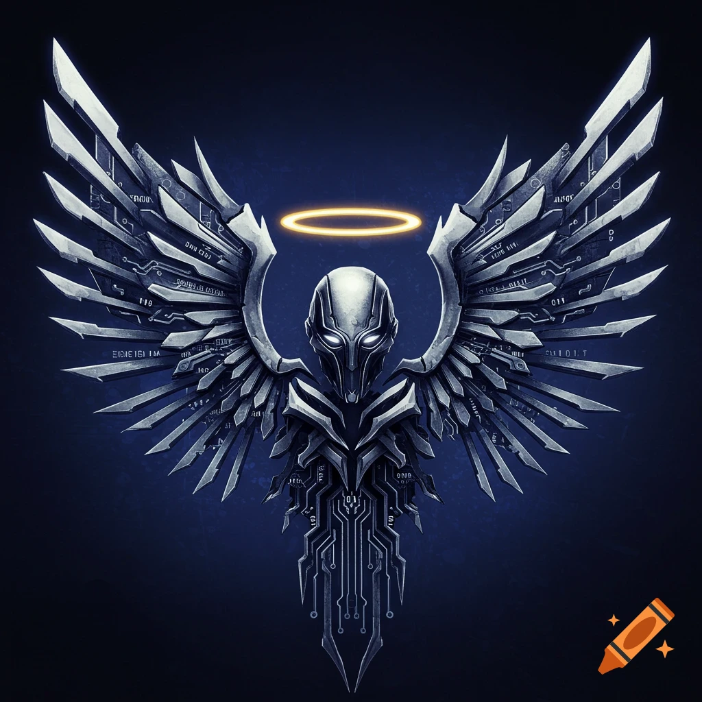 Stylized metallic cybernetic angel symbol with glowing eyes and halo on a dark blue background.