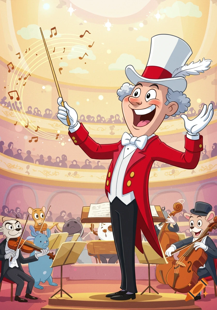 A joyful cartoon conductor in a red coat leads an orchestra of diverse cartoon animals in a vibrant concert hall.