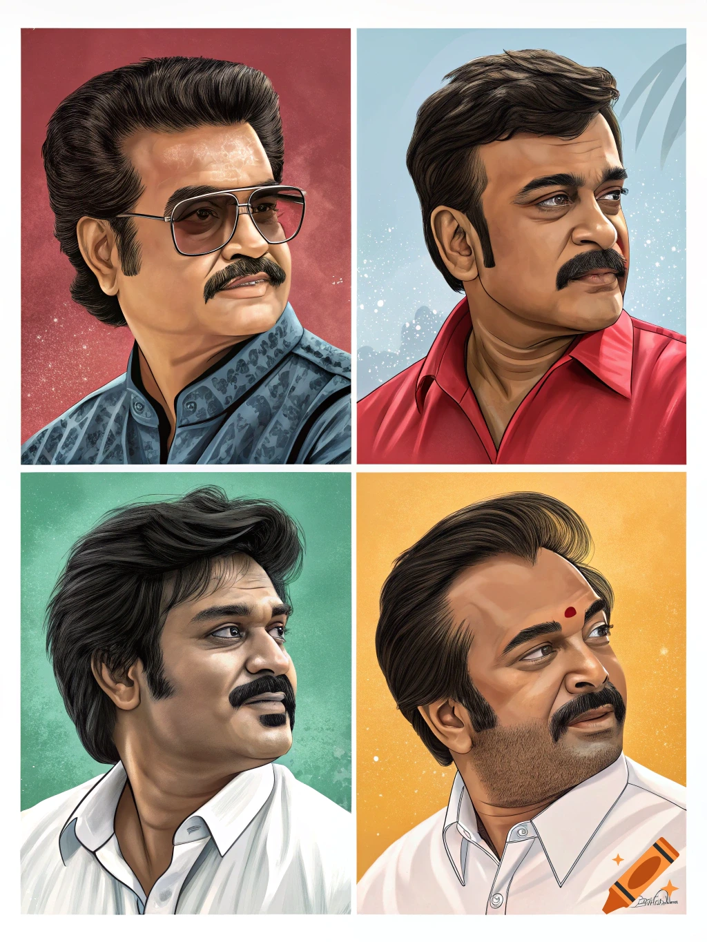 Four stylized illustrated portraits of South Indian movie stars, each with a different colored background.