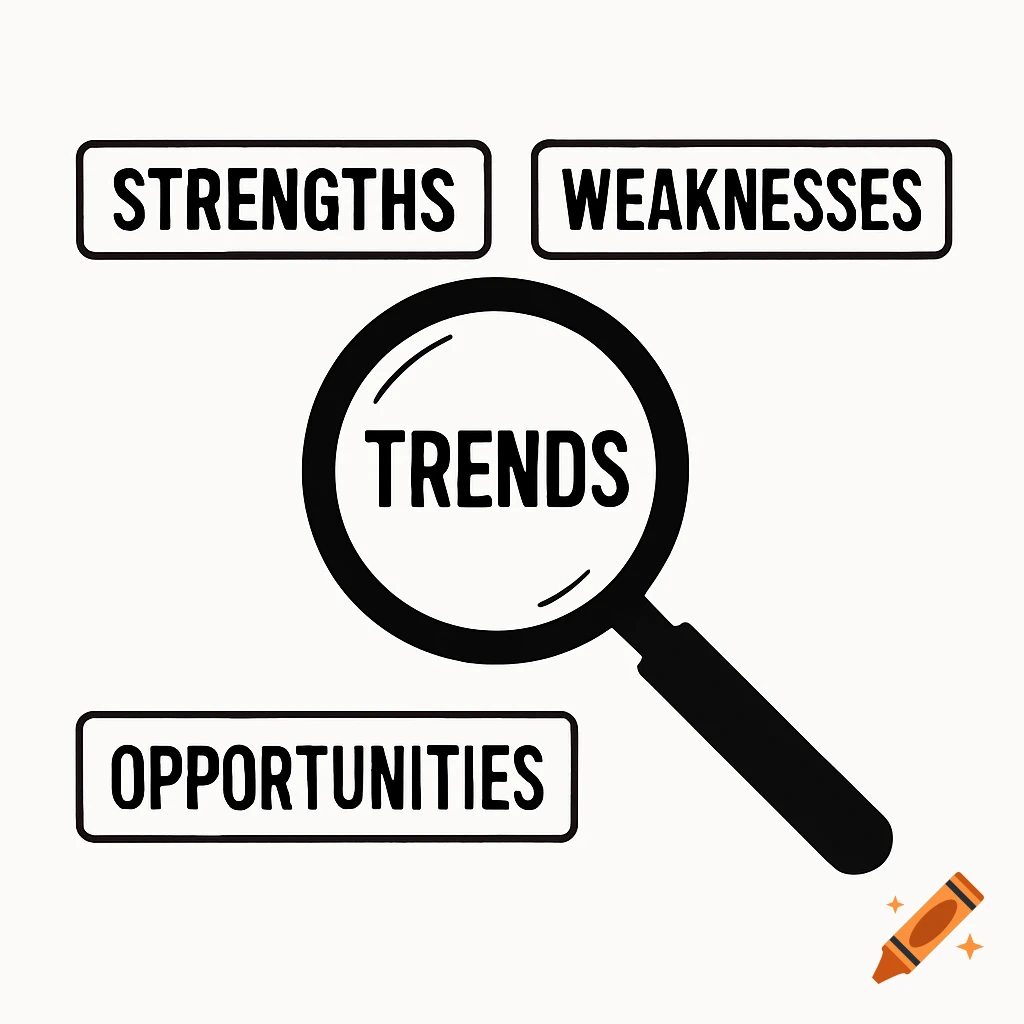 A black and white illustration with a magnifying glass over 'TRENDS' and boxes for 'STRENGTHS', 'WEAKNESSES', 'OPPORTUNITIES'.