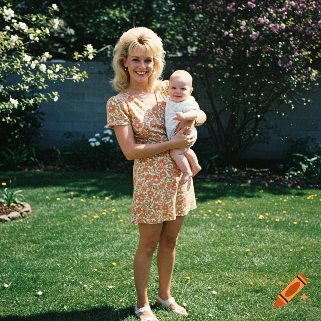 A blonde woman in a floral dress stands in a garden holding a smiling baby, with flowering trees in the background.