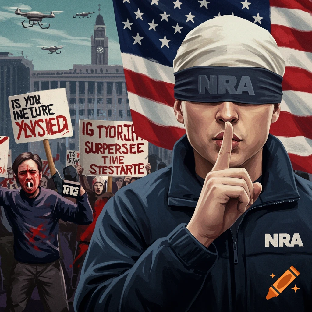 A man with an NRA blindfold and jacket shushes, with an American flag behind him and a chaotic protest scene with drones in the background.