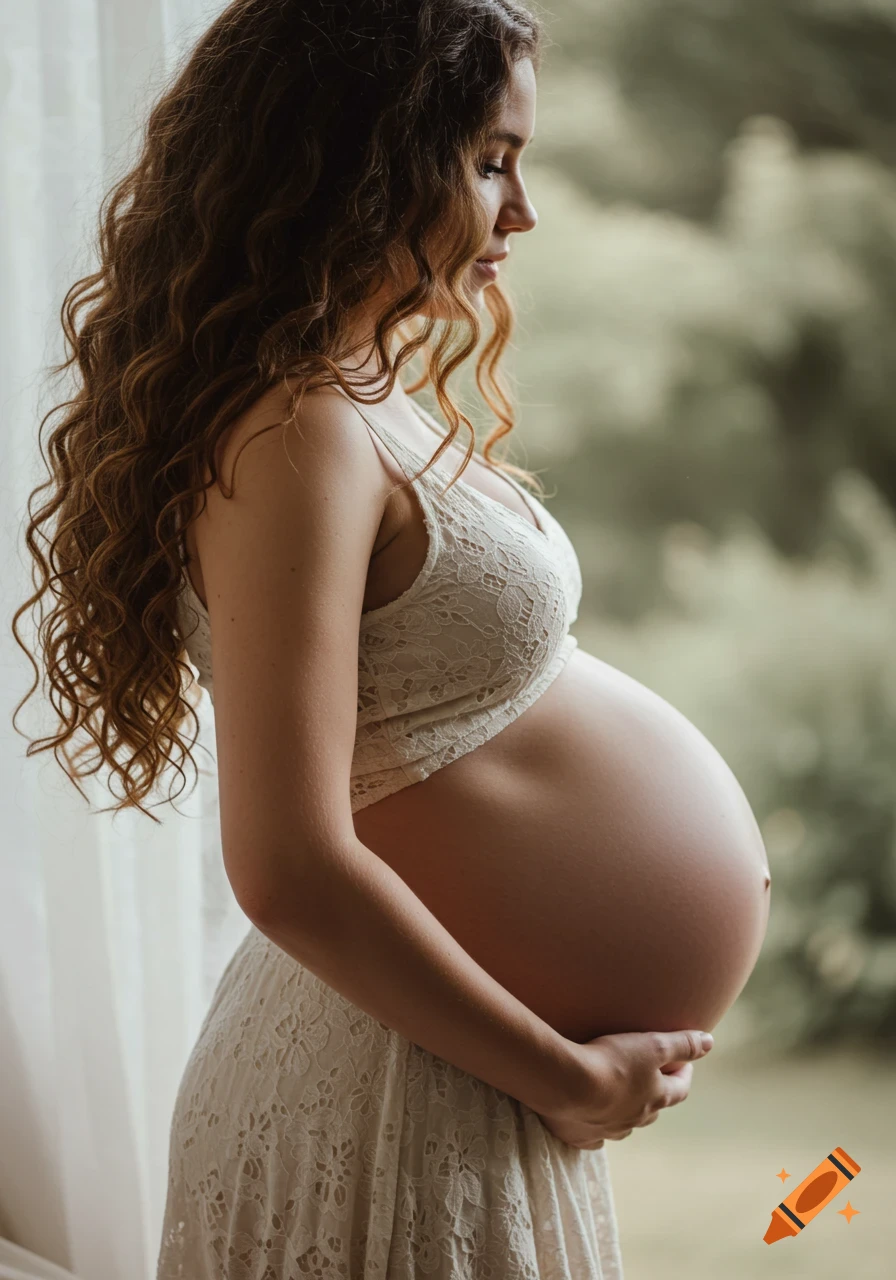A profile shot of a pregnant woman with long wavy hair, wearing a white lace bralette and skirt, holding her belly.