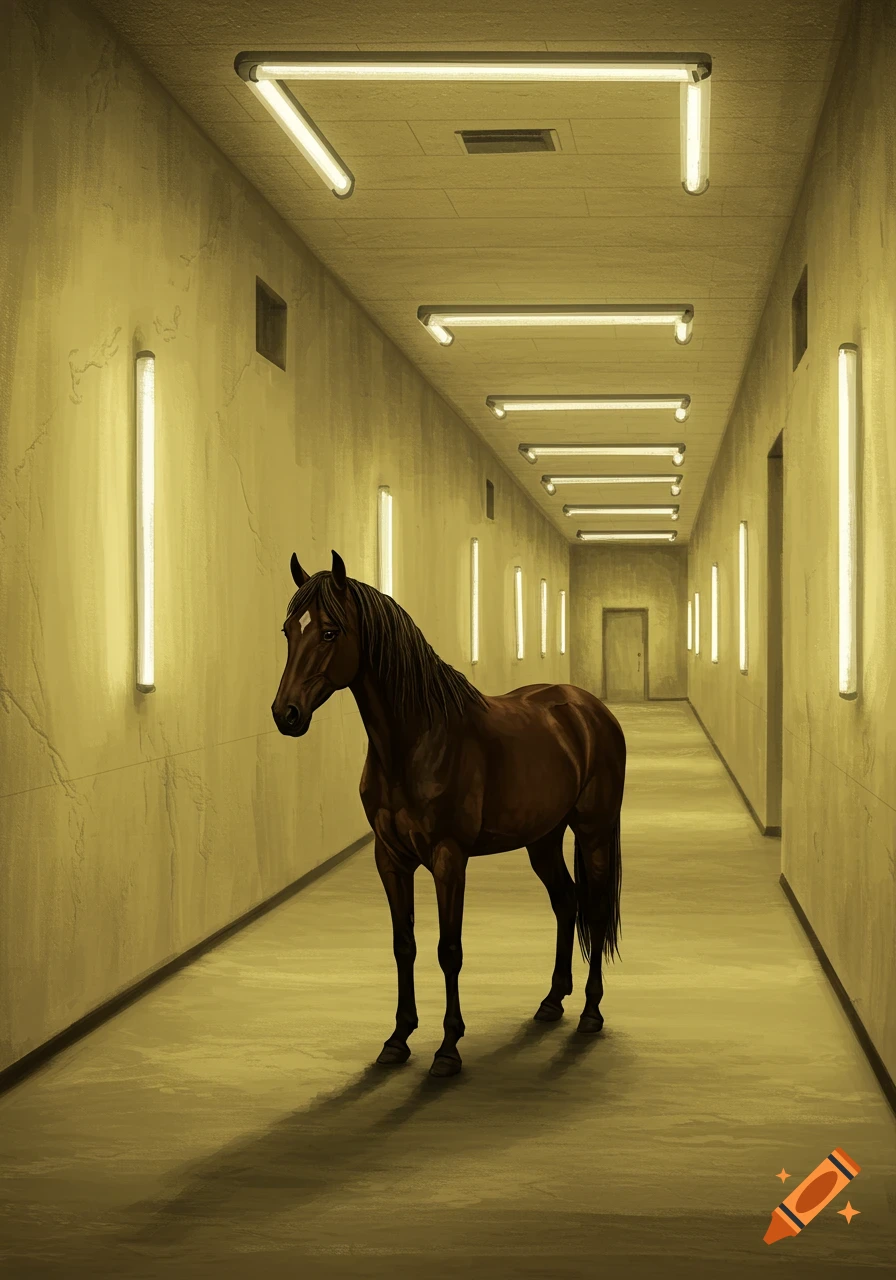 A brown horse stands in a long, empty, yellow-tinted hallway with fluorescent lights.