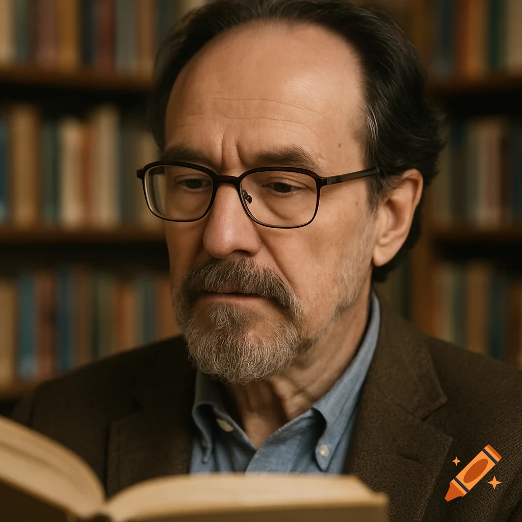 A photorealistic portrait of an older man with glasses and a beard reading a book in a library.