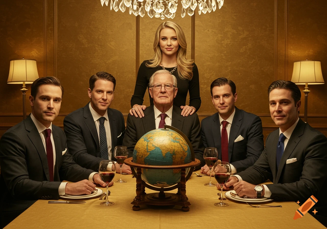 Six well-dressed individuals, including an older man and a woman, are seated around a lavish dining table with a globe as the centerpiece, in an amber-gold room.