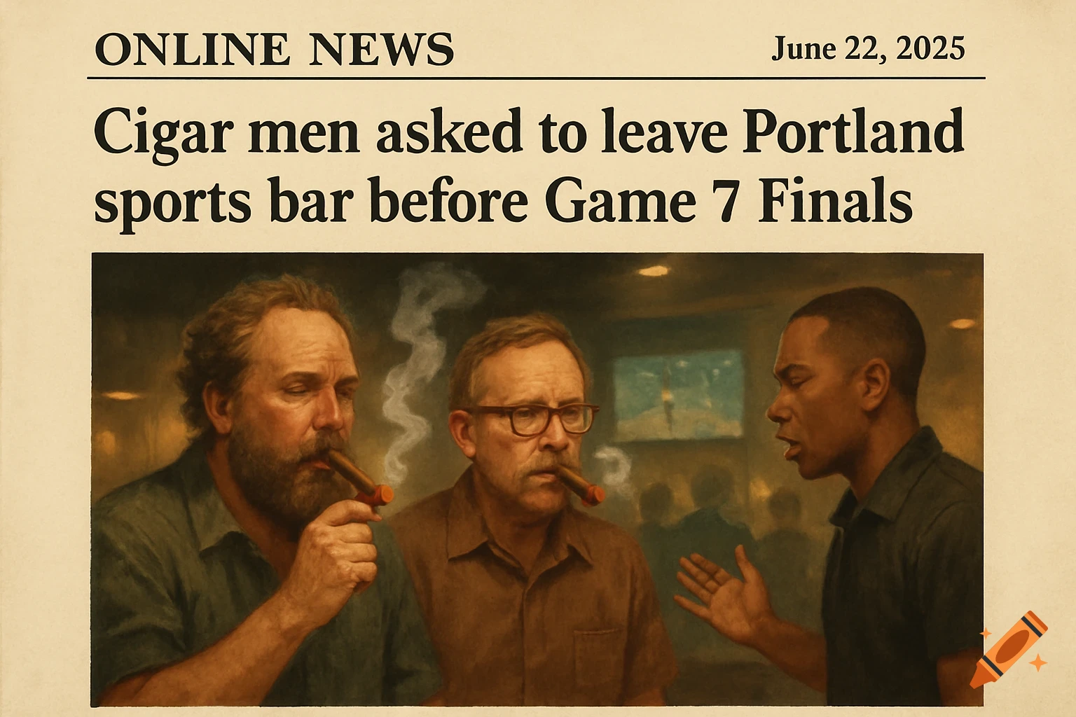 An online news article with the headline 'Cigar men asked to leave Portland sports bar before Game 7 Finals,' featuring an illustration of three men in a dimly lit bar, two smoking cigars.
